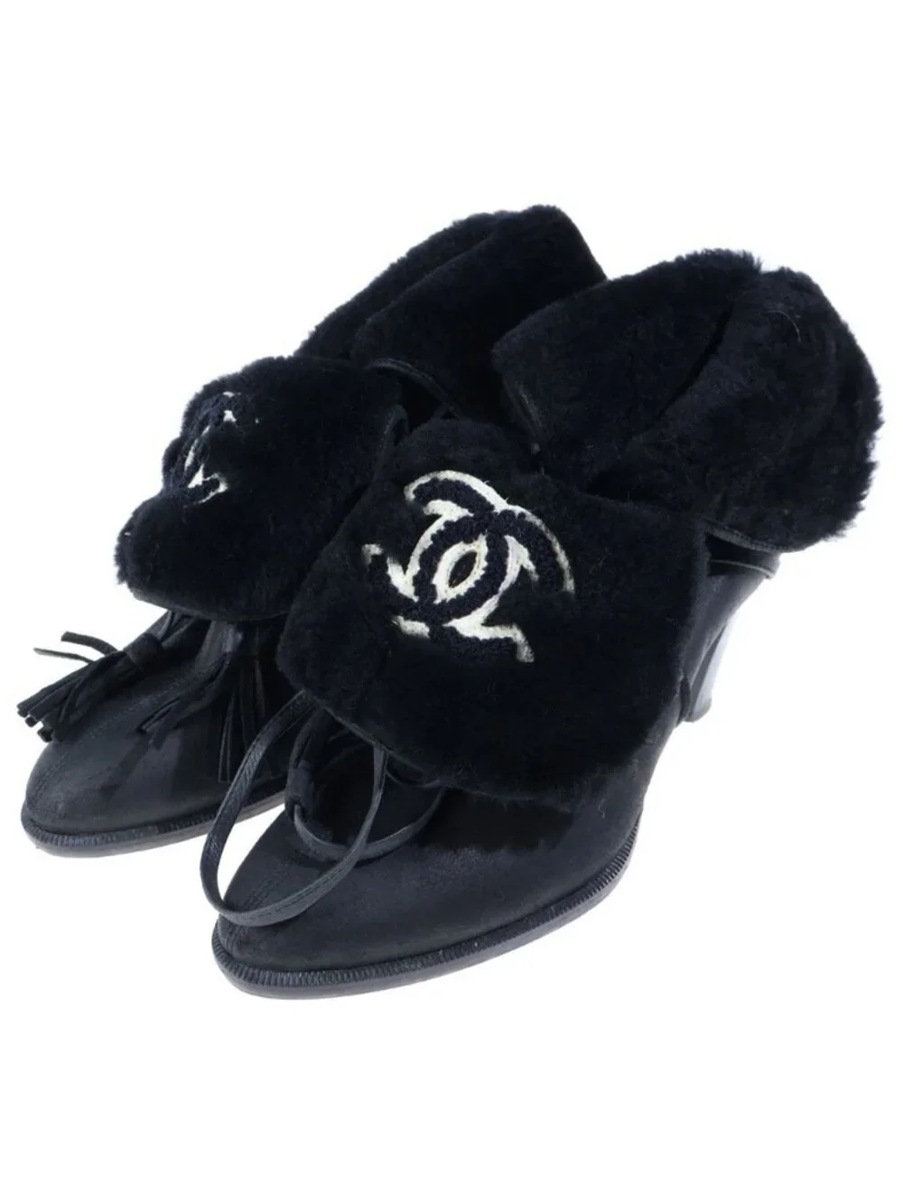 Chanel CC Logo Boots CC Fur Paneled Leather Heels Black